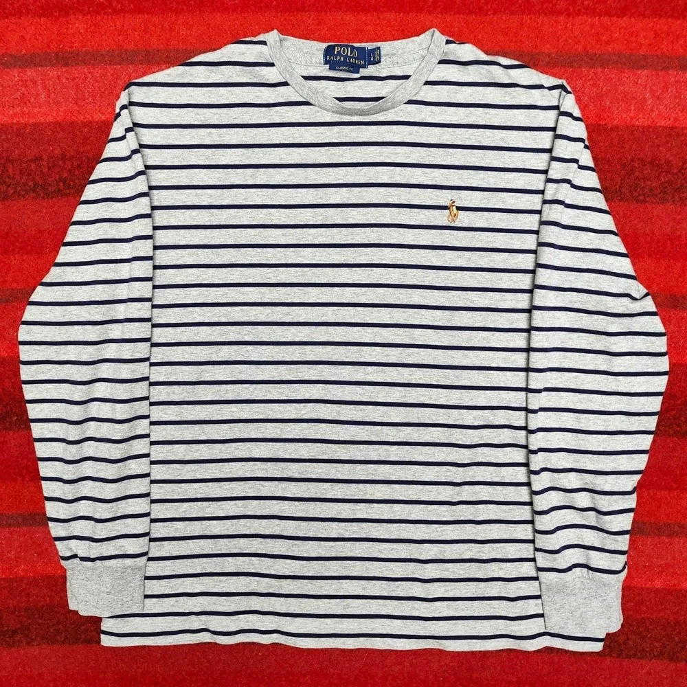 Polo Ralph Lauren Striped Long Sleeve T Shirt Mens Large Gray Flesh Pony